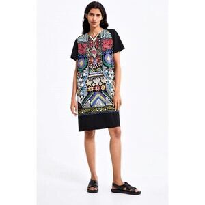 ZARA Black Colorful Print Shift Dress Short Sleeves Knee Length Stretchy Medium